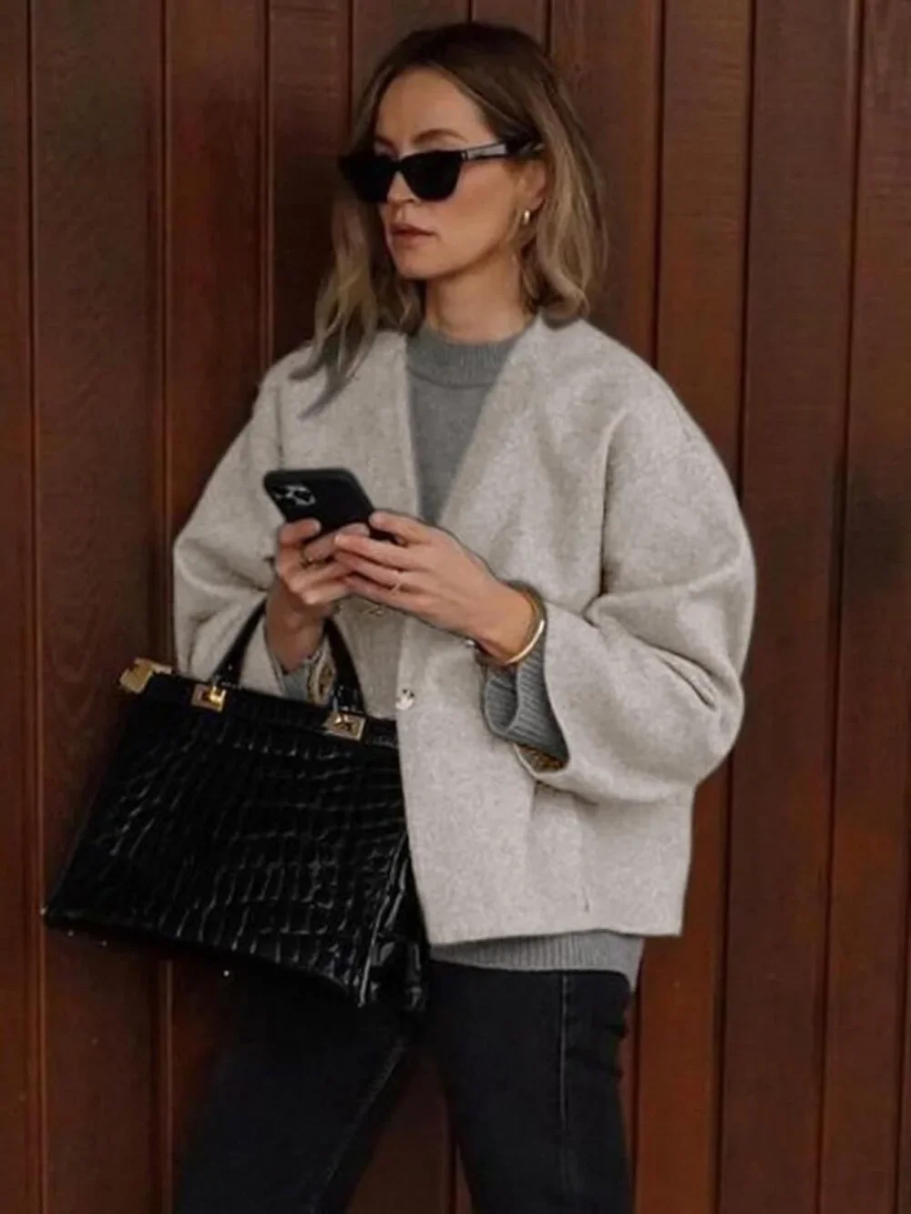 Women's Apricot Cropped Wool Blend Collarless Long Sleeve Short Pea Overcoat
